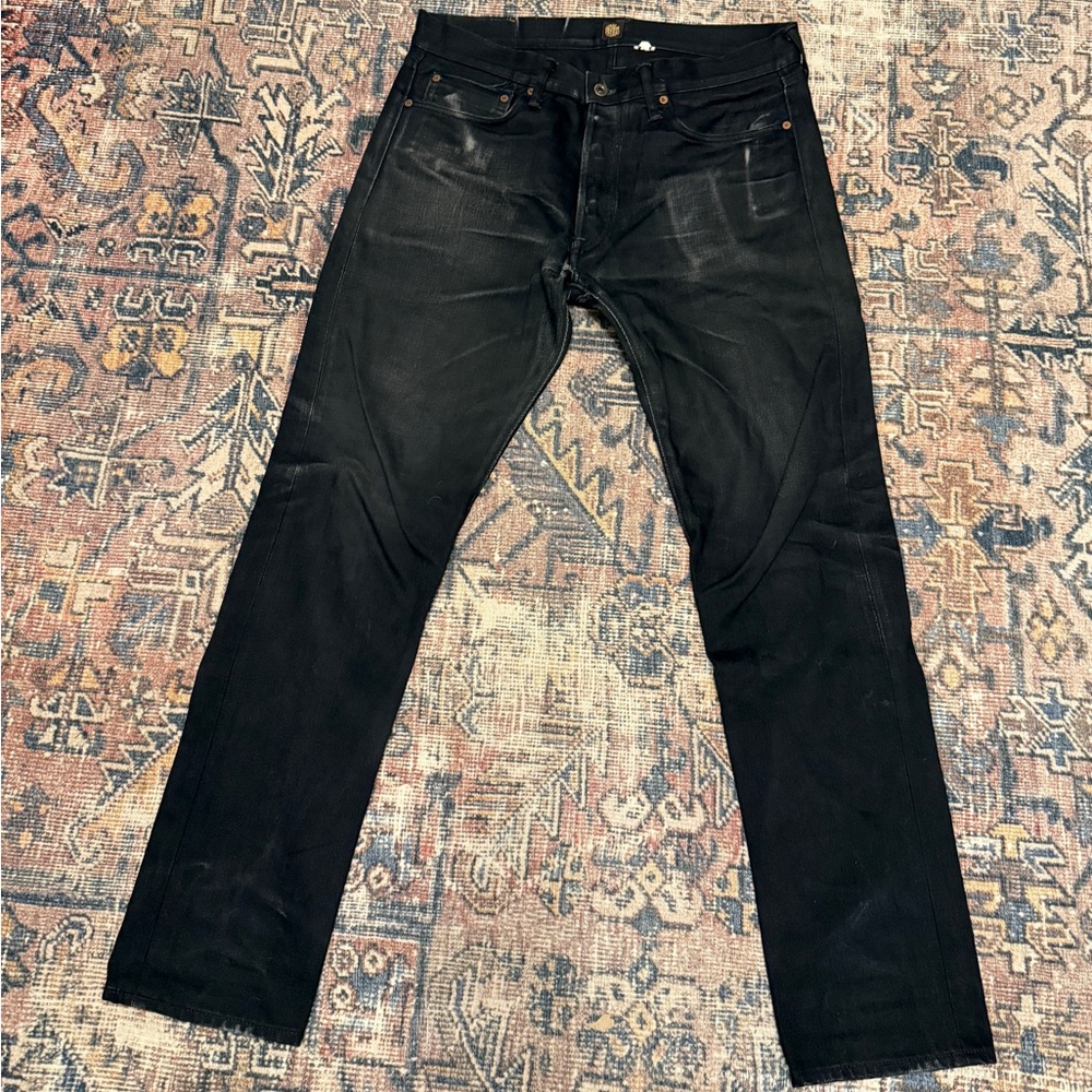 Indigofera Nash Tapered Fit Jeans 35x34 Black 14oz Selvedge Denim Distressed